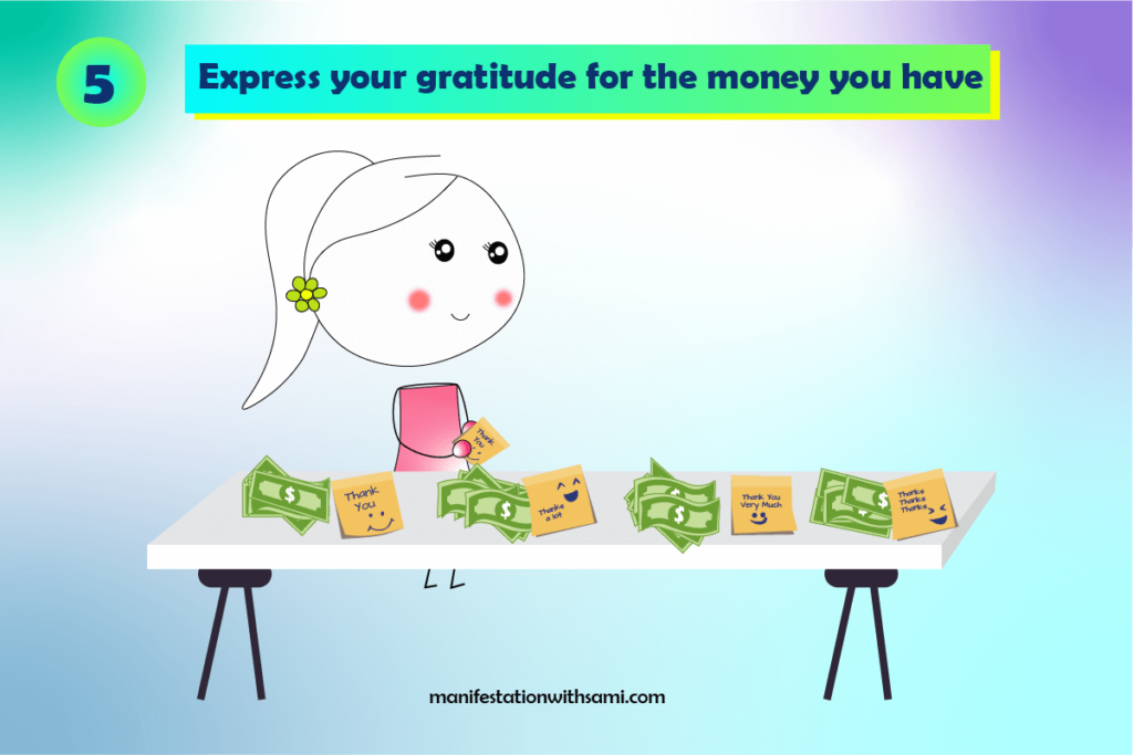 Be thankful for the money you have now, then more money will come to you magnetically.